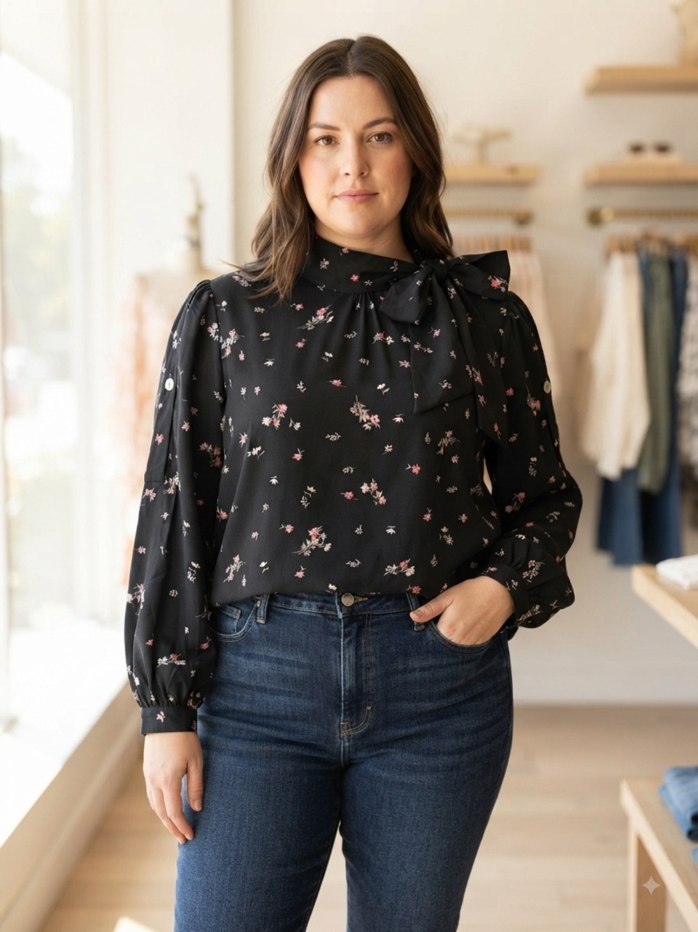 Tie-Neck Floral Blouse - Black with Pink Floral